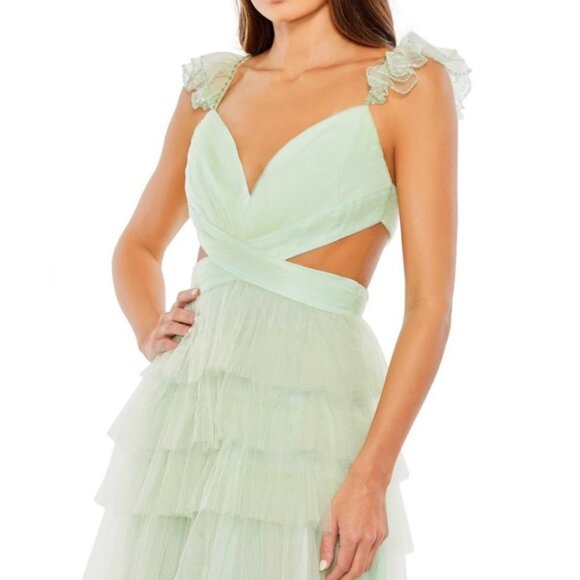 NWT Mac Duggal Mint Ruffle Tiered Tulle Cut Out Gown, Style 60670 - Picture 2 of 15